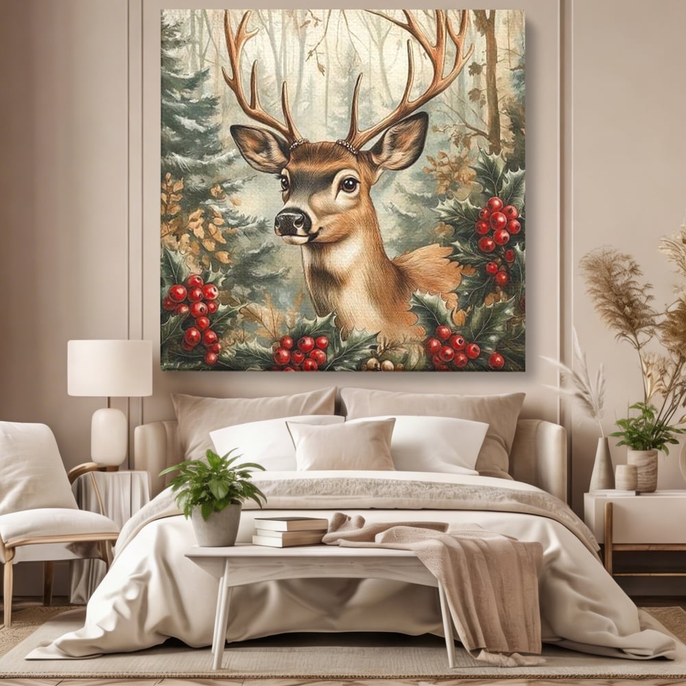 Tablou canvas cu ilustratie digitala cu cerb si crengi de brad, fara rama, pe sasiu de lemn, pe perete intr-un dormitor